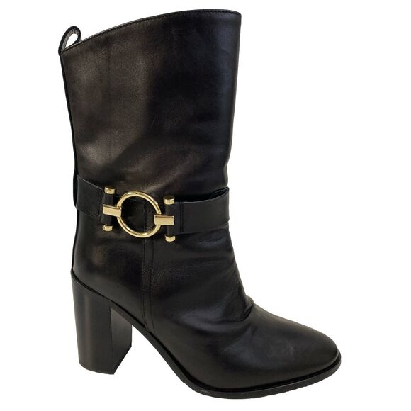 NAPOLEONI Italian Handcrafted Mid Calf Leather Boot Black Block Heel 39 - Picture 1 of 11
